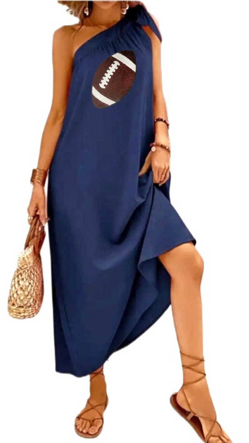 Navy One Shoulder Sequin Football Maxi Dress