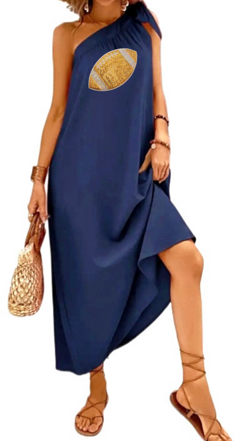 Navy One Shoulder Gold Sequin Football Maxi Dress