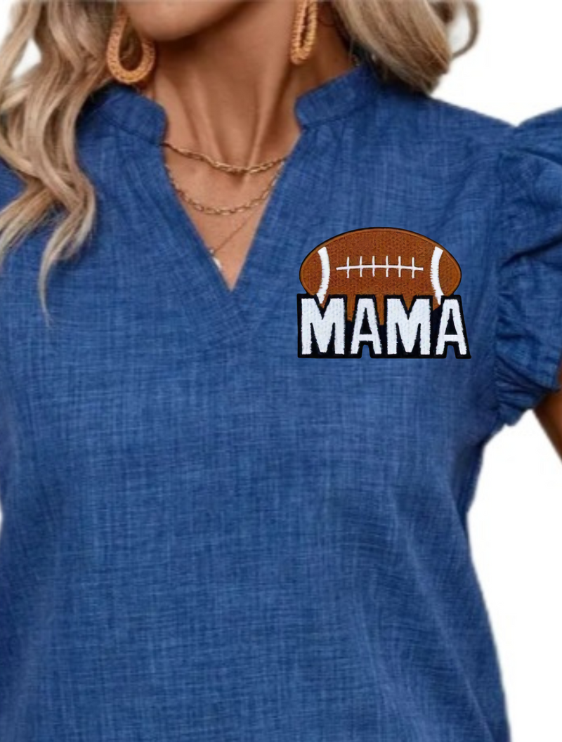 Blue Football Mama Ruffle Sleeve Shirt