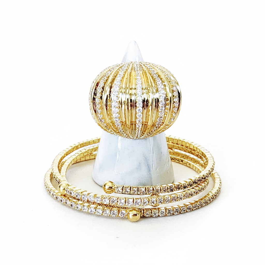 Sterling Silver Gold Plated Wrap Bracelets (3) and Goldtone Globe Ring