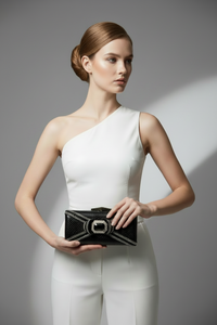 Black Snakeskin Crystal Embellished Bow Clutch