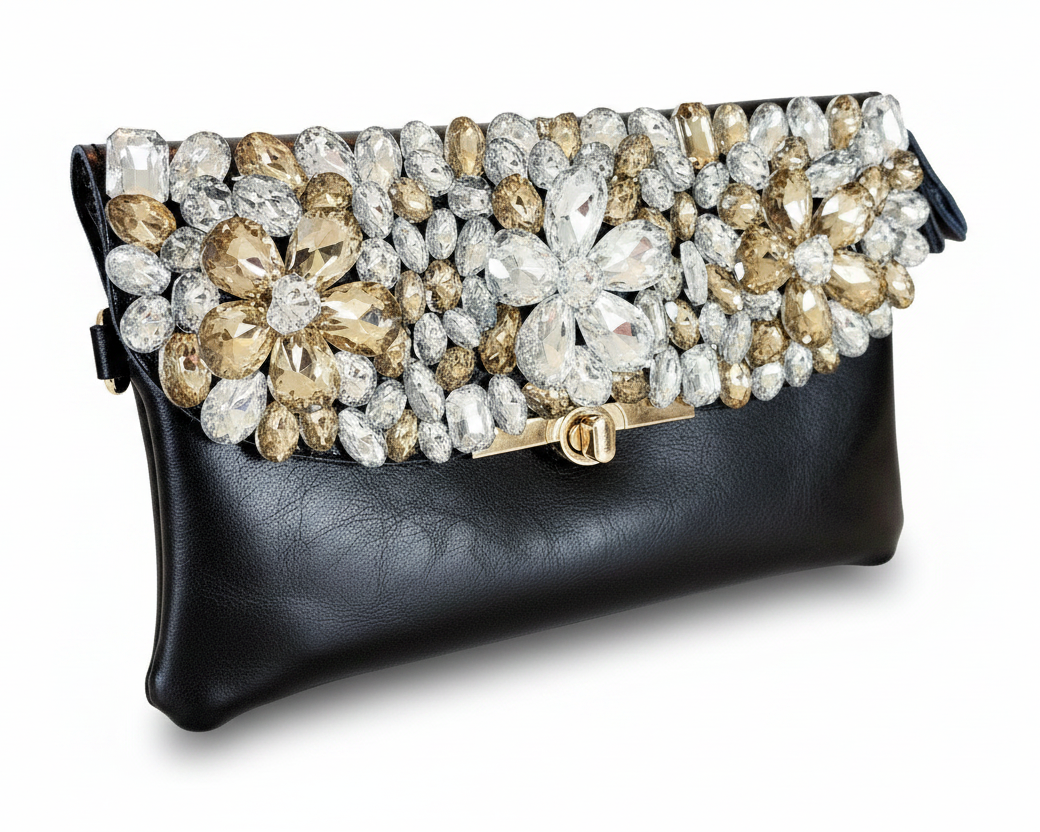 Jeweled Black Leather Clutch