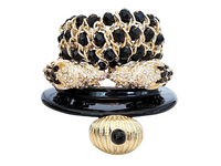 Black and Gold Double Elephant Head Cuff, Beaded Bracelet, Black Resin Cuff and Ring