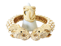 Gold and White Double Elephant Head Cuff and Sterling Silver Gold Plated Pave Diamond Twist Ring