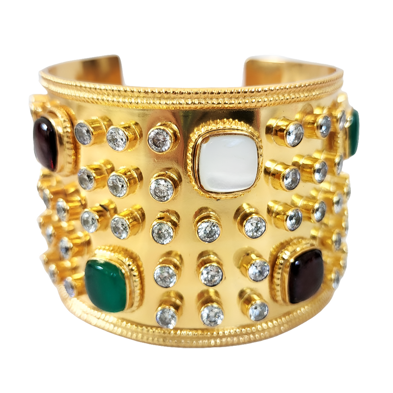 Pearl, Garnet and Quartz Gemstone 18K Gold Plated Rivet Cuff Bracelet