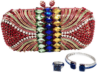 Red Multicolored Crystal Clutch Purse, Sterling Silver Sapphire Ring and Bracelet