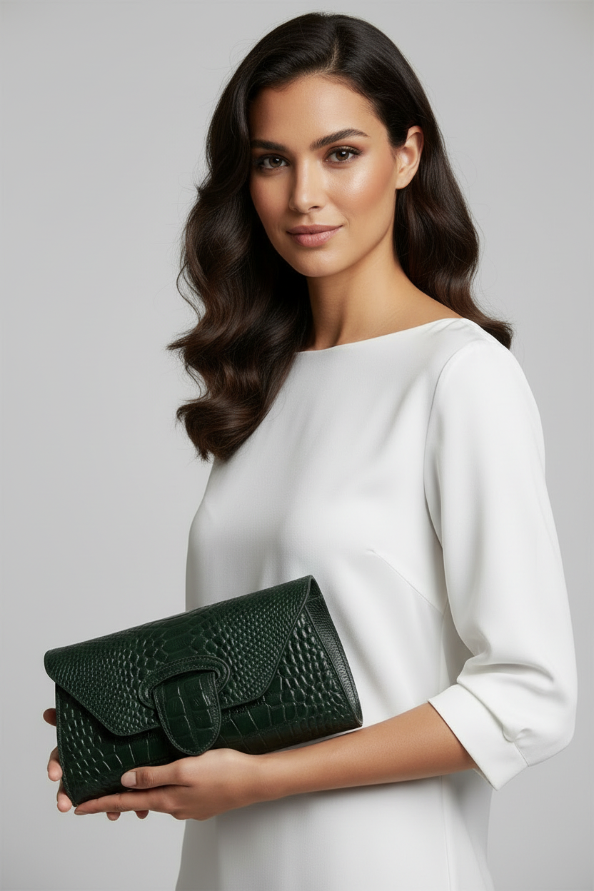 Green Leather Snakeskin Clutch