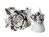 Sterling Silver Cluster Ring and Silvertone 3D Flower Cuff Bracelet