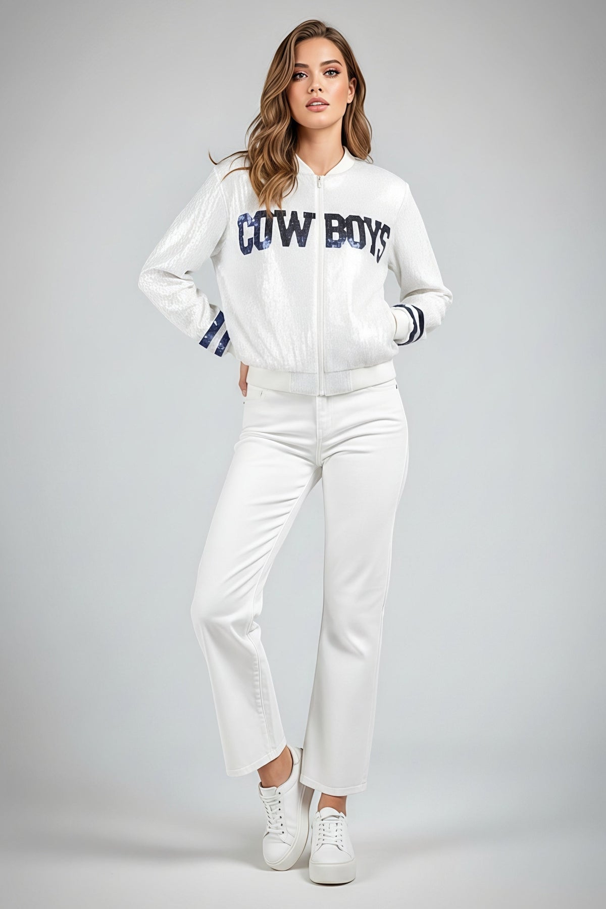 Dallas Cowboys White Sequin Bomber Jacket