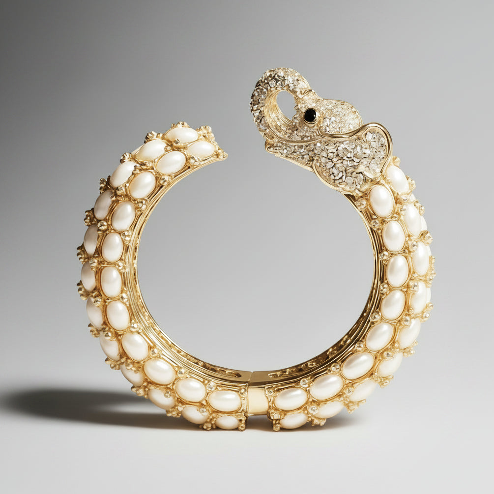 White Pearl Single Head Elephant Cuff Bracelet