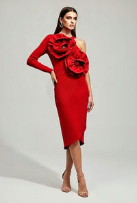 Red 3D Flower One Shoulder Dress