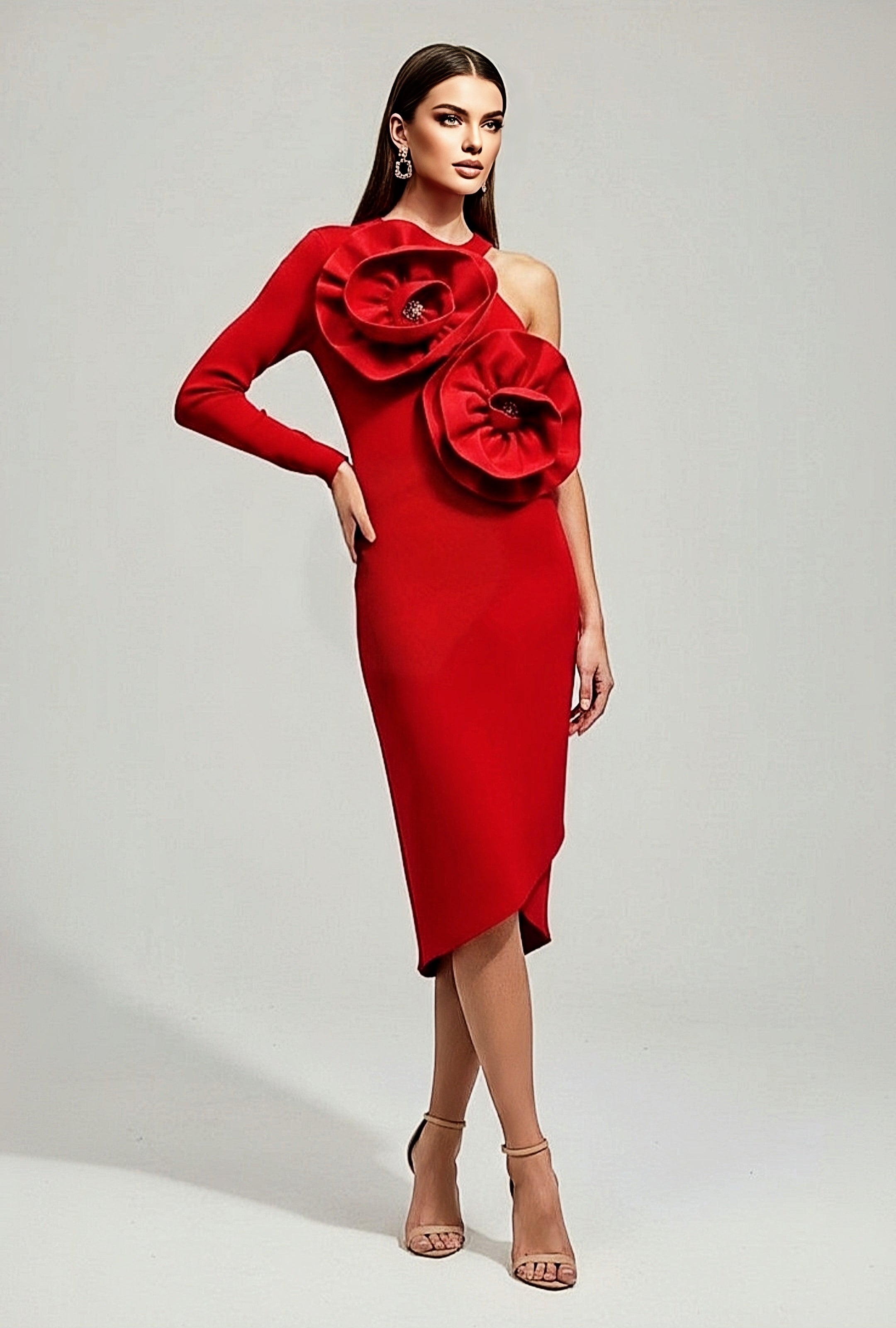 Red 3D Flower One Shoulder Dress