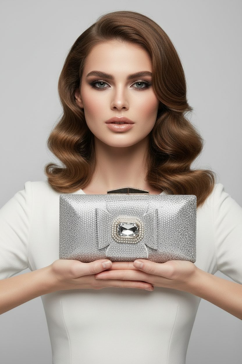 Silver Jeweled Bow Clutch