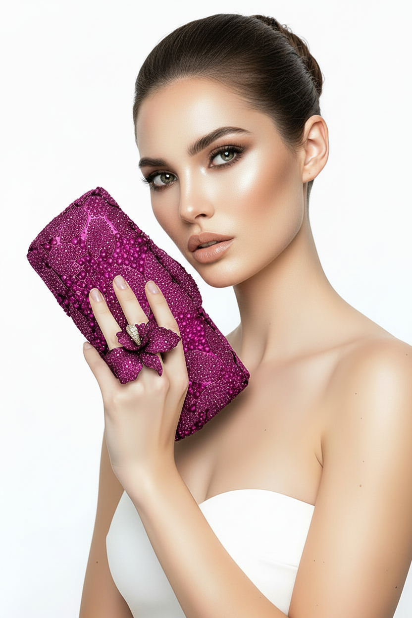 Fuchsia Pink Crystal Clutch, Sterling Silver Pave Orchid Ring and Earrings
