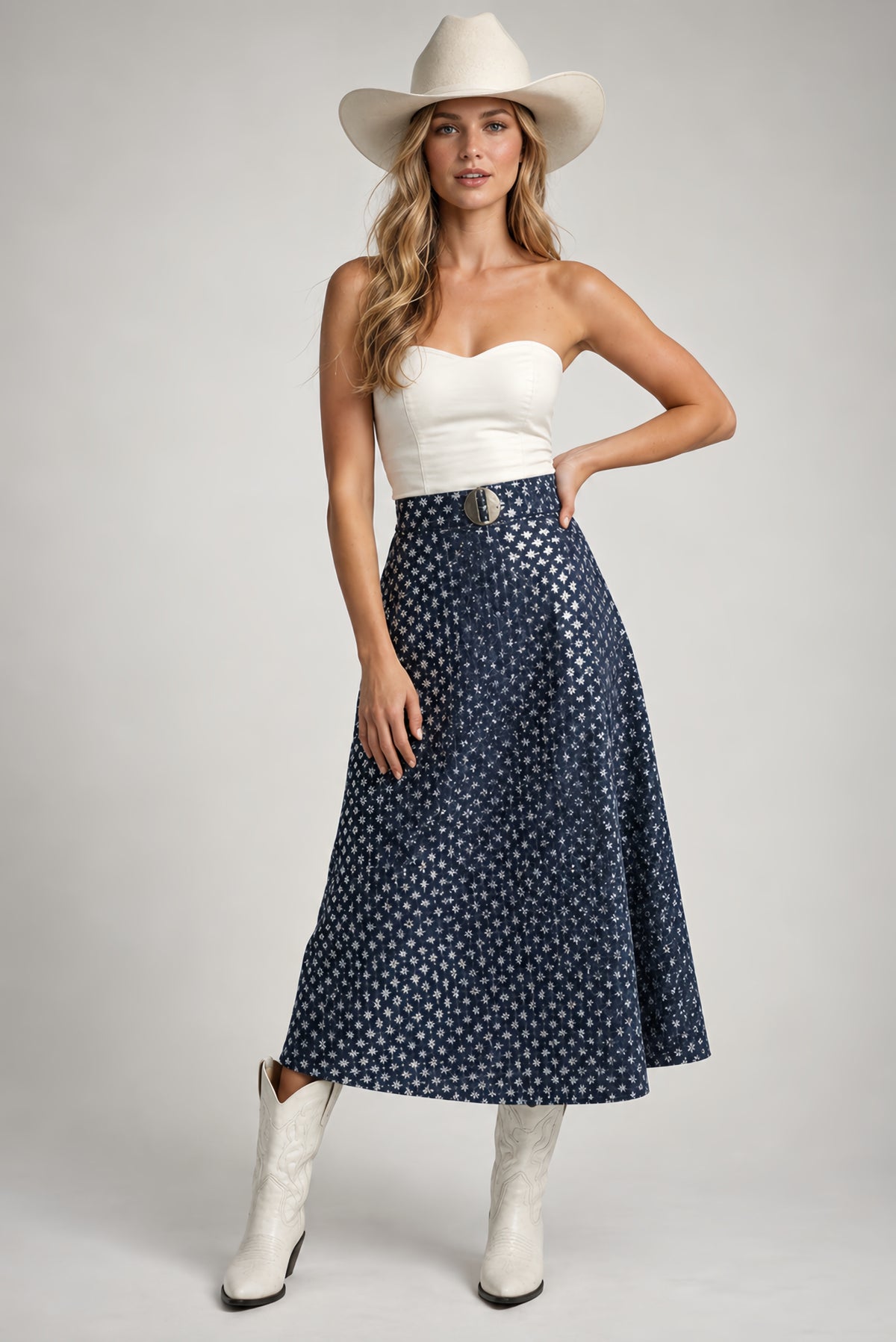 Navy and Silver Long Denim Skirt