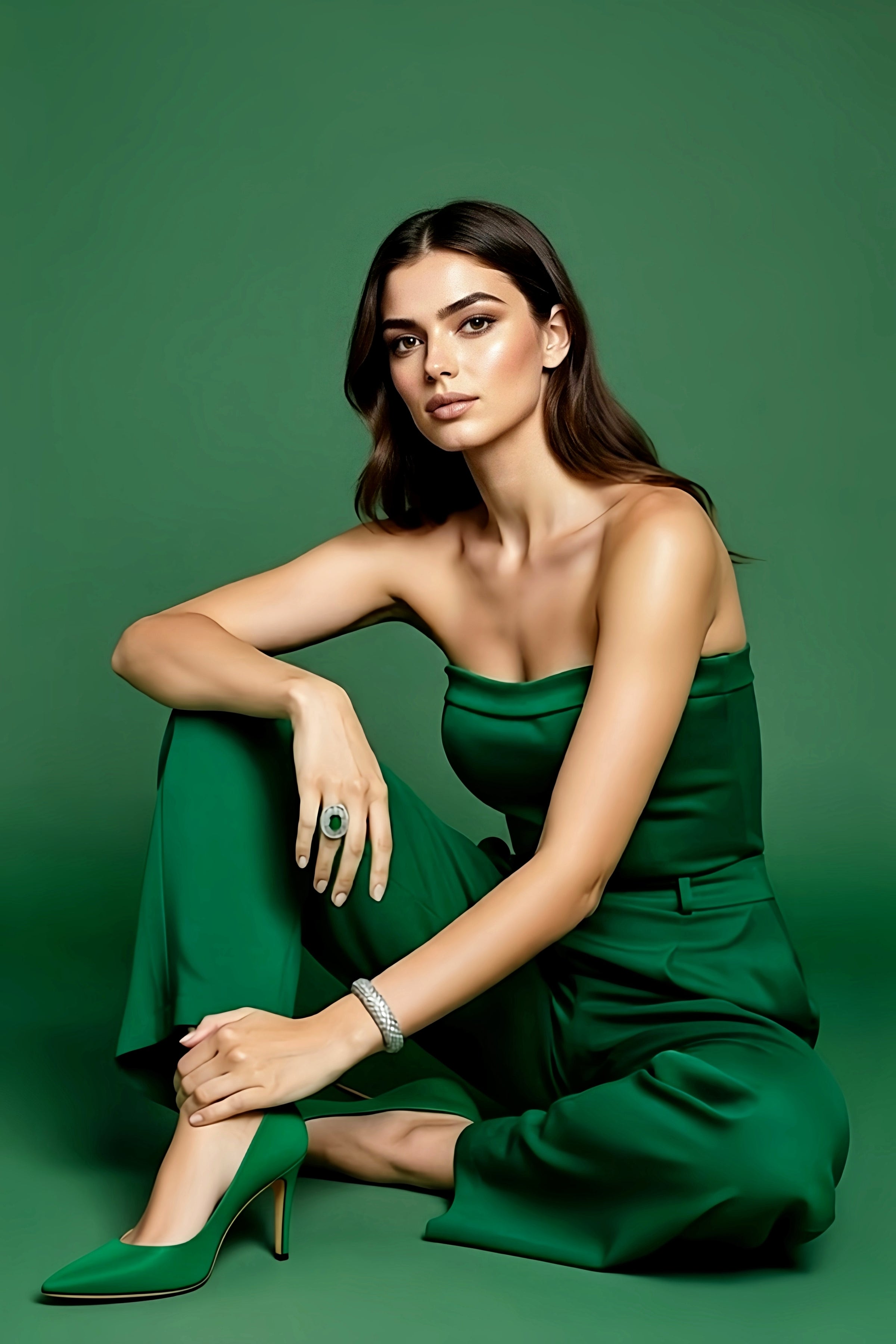 Sterling Silver Green Lily Pad Ring and Diamond Cuff Bracelet