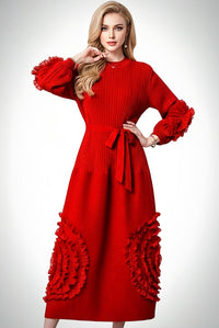 Red 3D Flower Long Sleeve Dress
