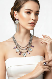 Silver and Purple Crystal Necklace and Earrings. Sterling Silver Amethyst Ring