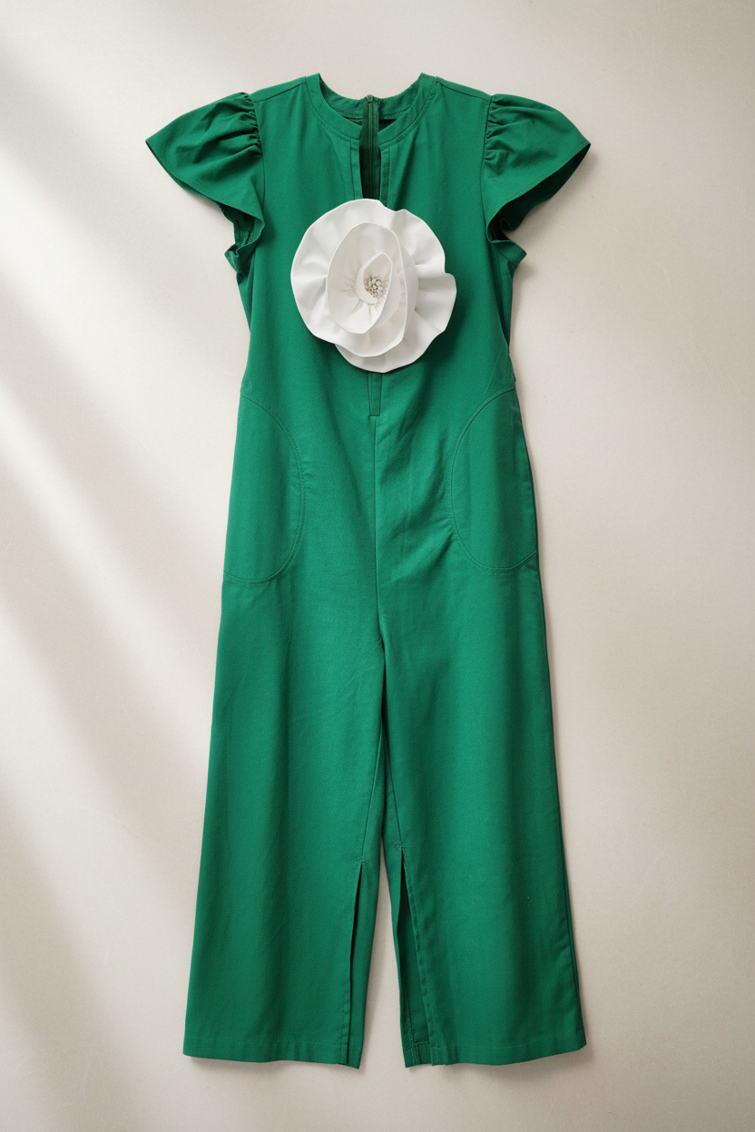 Green Sleeveless Jumper with Detachable 3D Flower