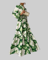 Green and White Long Sleeve Maxi Dress