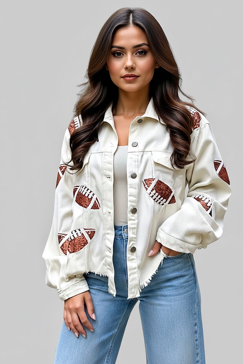 White Corduroy Sequin Football Jacket