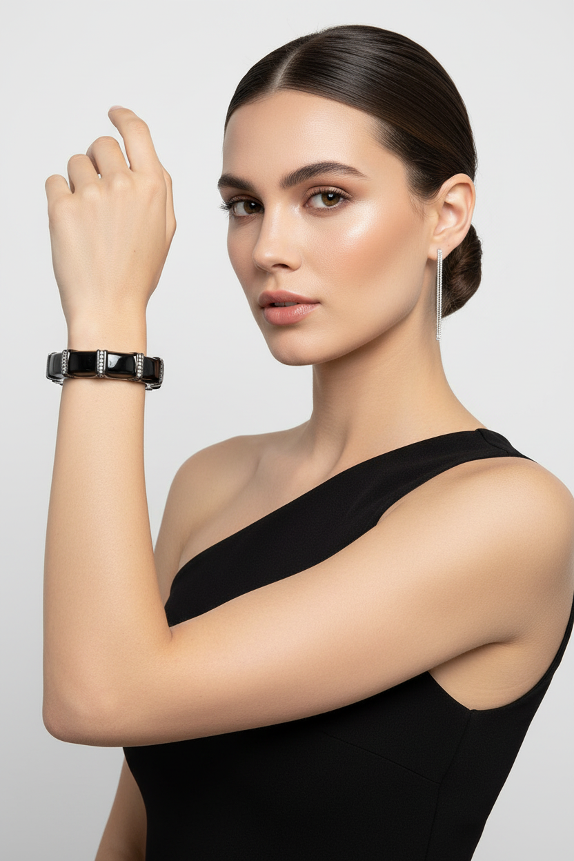 Gun Black, Silver, and Diamond Enamel Bangle