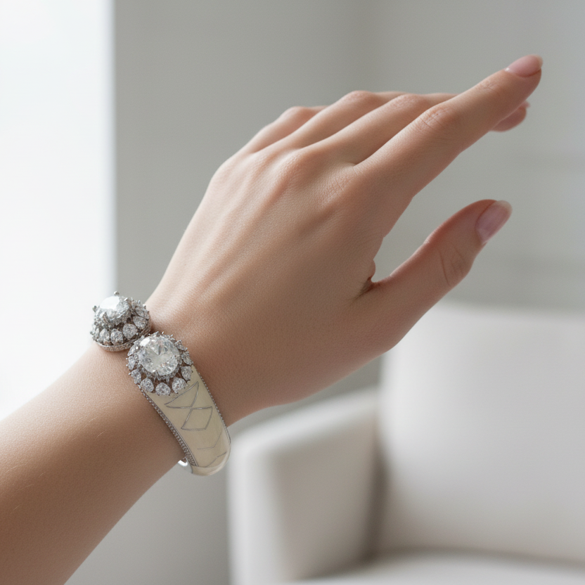 Off White Diamond Enamel Cuff Bracelet