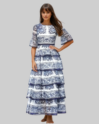 Navy and White Ruffled Dress