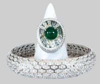 Sterling Silver Green Lily Pad Ring and Diamond Cuff Bracelet