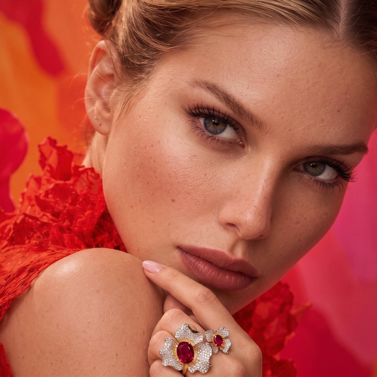 Sterling Silver Ruby Double Flower Ring