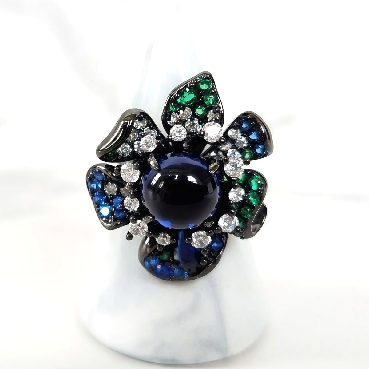 Sterling Silver Blue and Green Sapphire Flower Ring