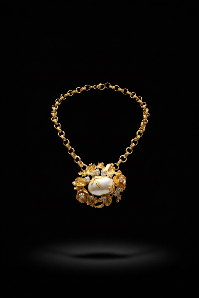 Gold Flower Embellished Pearl Necklace