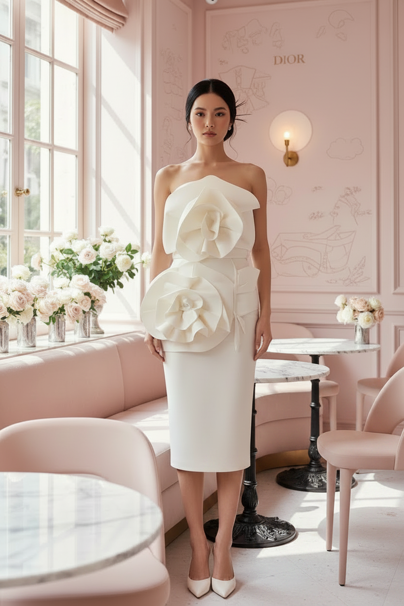 Cream 3D Flower Dress