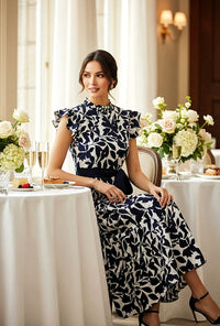 Navy and White Print Maxi Dress