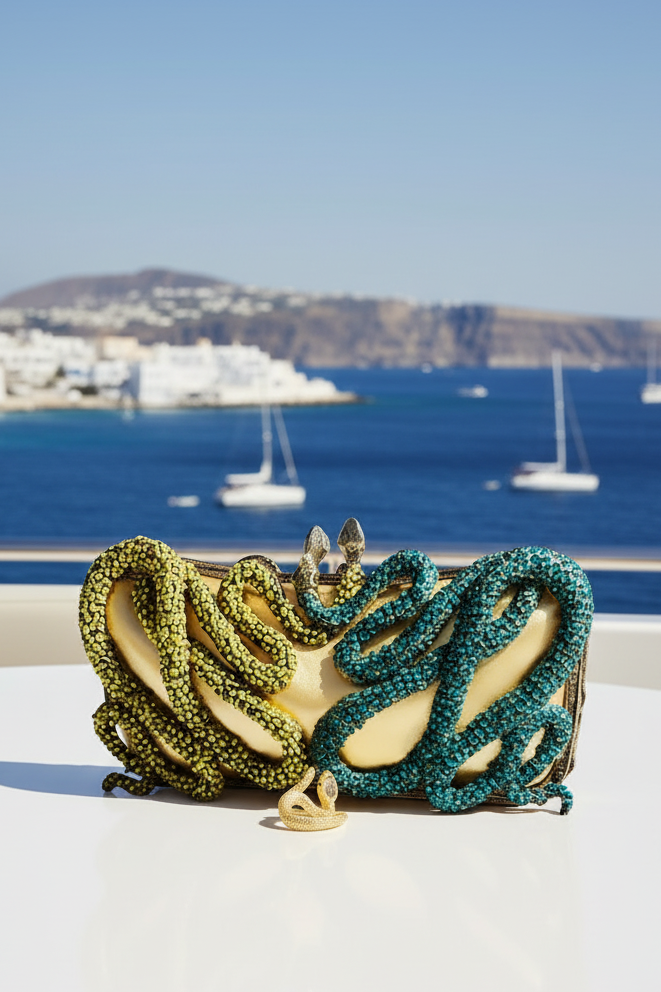Snake Crystal Clutch and Sterling Silver Gold Plated Snake Ring