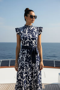 Navy and White Print Maxi Dress