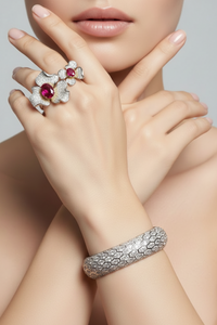 Sterling Silver Double Flower Ring and Cuff Bracelet