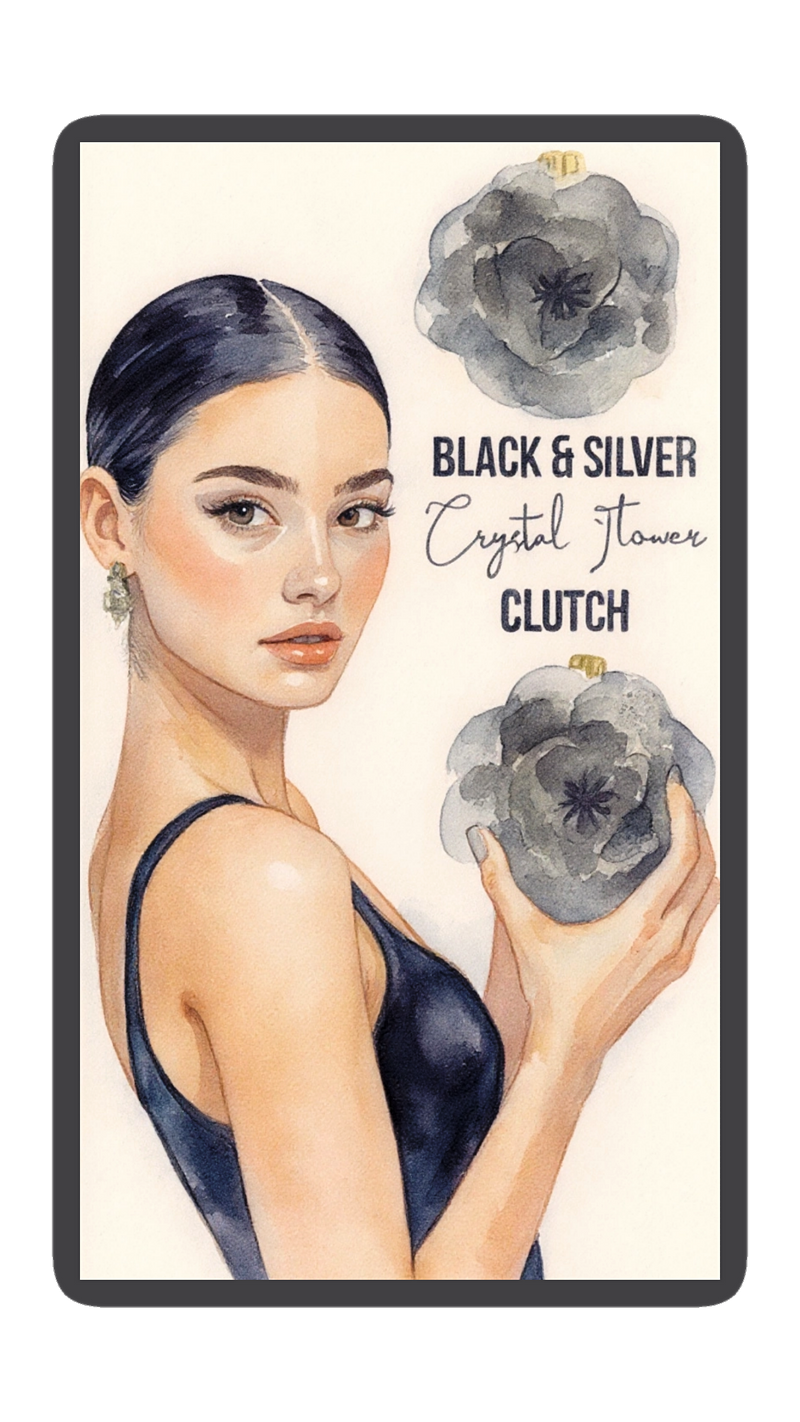 Black and Silver Flower Crystal Clutch