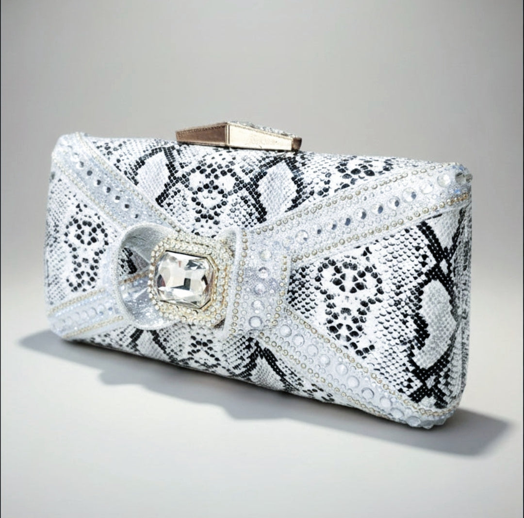 Gray Snakeskin Crystal Embellished Bow Clutch