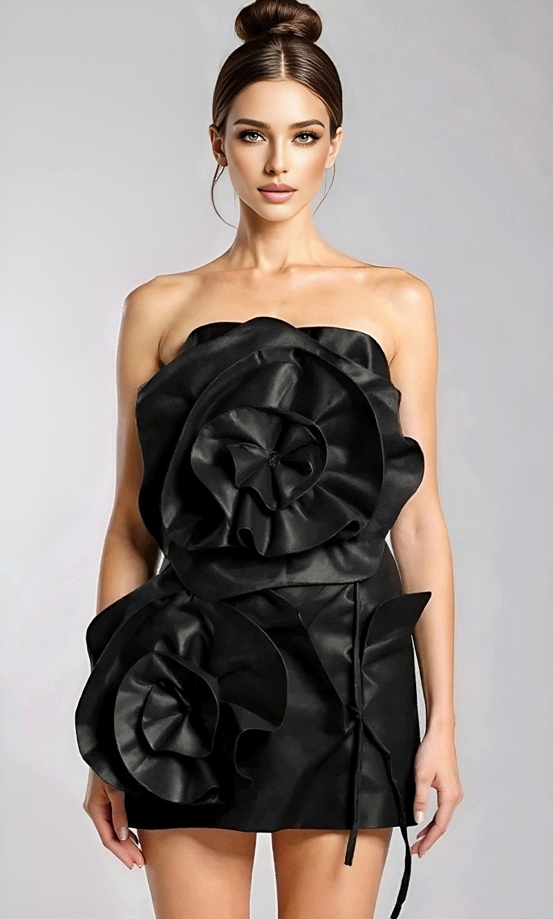 Black 3D Flower Mini Dress