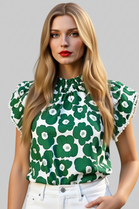 Green and White Print Ruffle Sleeveless Shirt