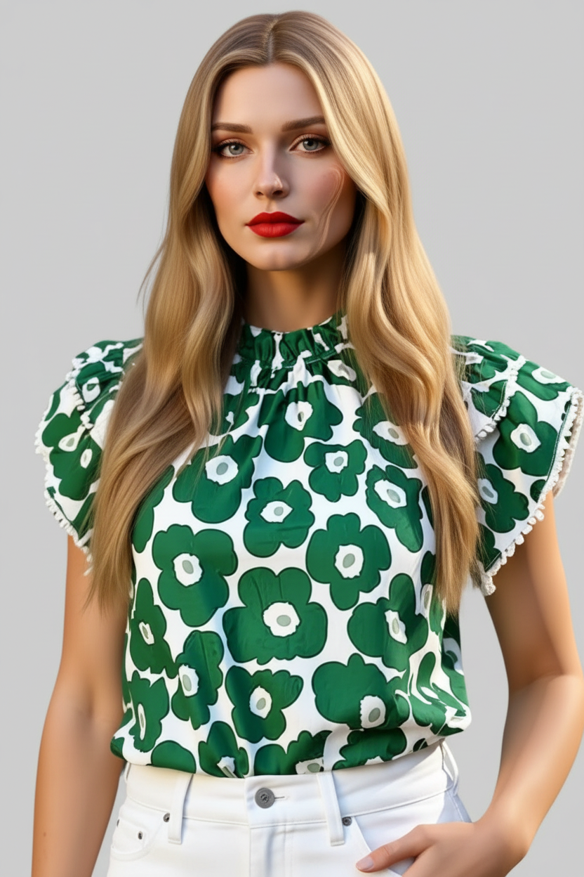 Green and White Print Ruffle Sleeveless Shirt