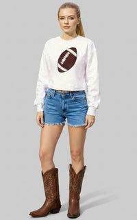 White Sequin Football Crop Top-Long Sleeve Tshirt