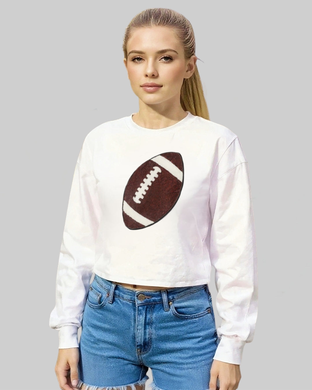 White Sequin Football Crop Top-Long Sleeve Tshirt