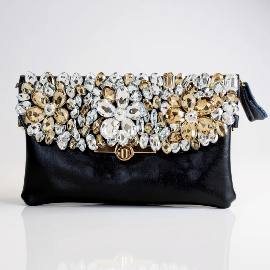 Jeweled Black Leather Clutch