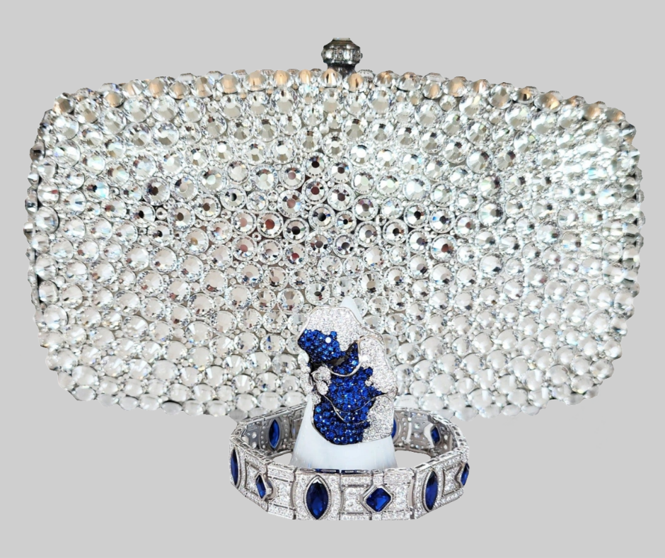 Silver Crystal Clutch Purse, Sterling Silver Half Butterfly Ring and Bracelet
