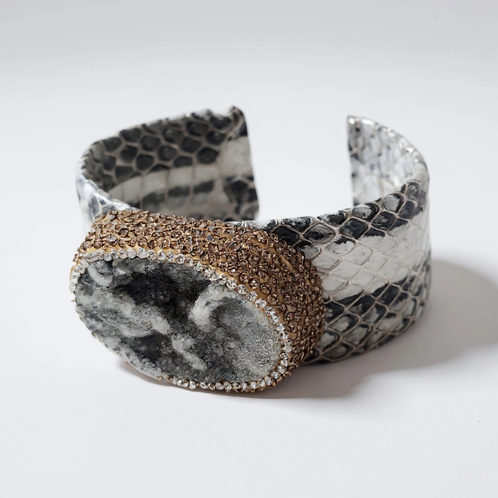 Gray and Gold Snake Print Pave Stone Cuff Bracelet