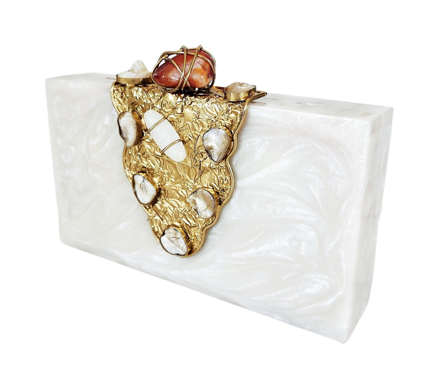 Gold and Stone Embellished White Resin Clutch