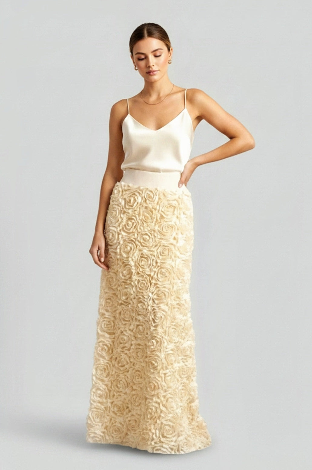 Khaki 3D Flower Full Length Skirt