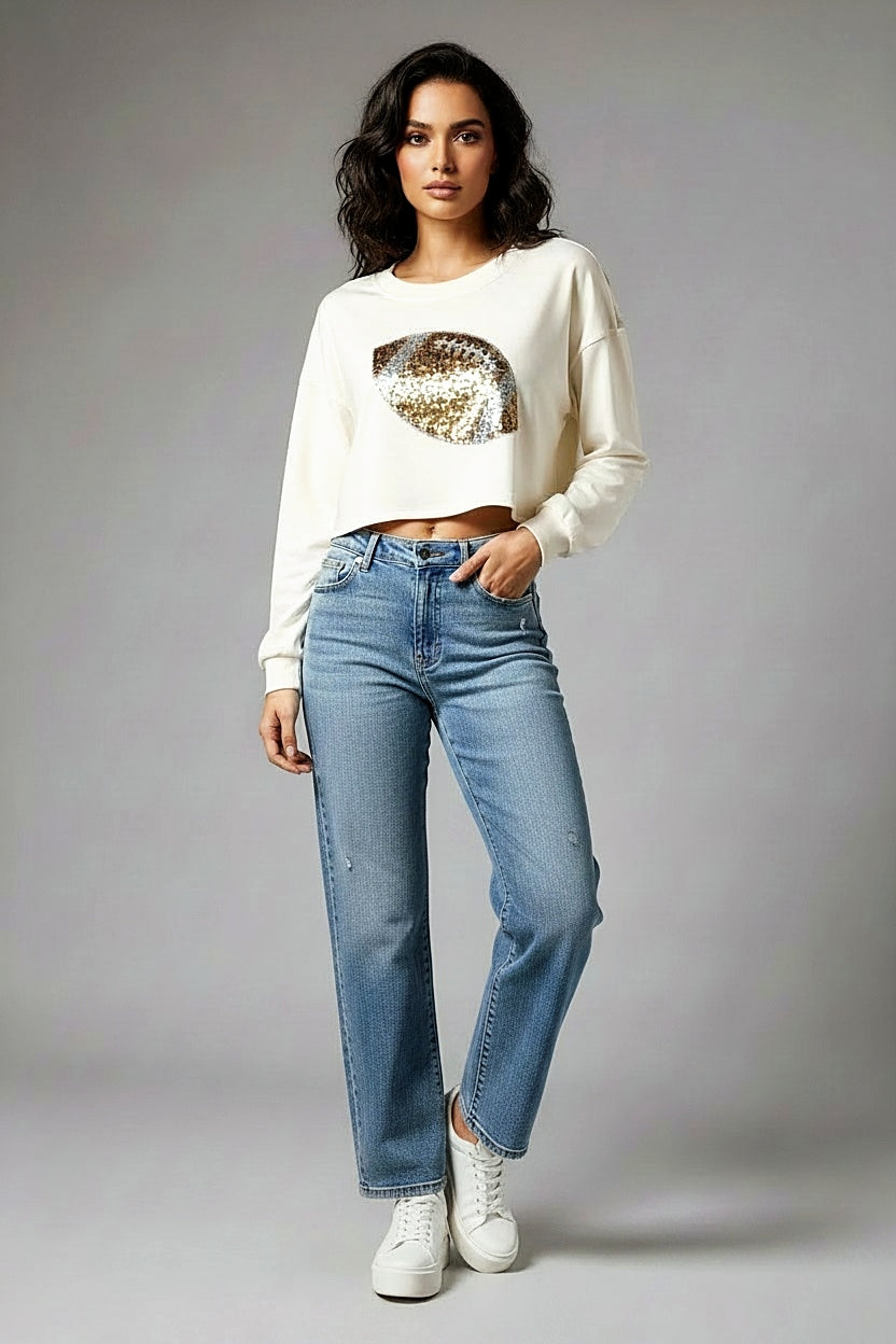 Gold Sequin Football Long Sleeve Crop Top